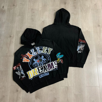 Streetwear Shinning Diamond Zipper Terry Hooded Hoodie for Men Oversized Graffiti Flame Cardigan Rhinestone Sweatshirt Jacket