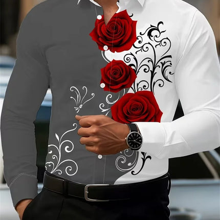 2026 Men's Fashion Red Rose Print Long-Sleeve Shirt, Stylish Casual Design, Spring/Autumn Casual Shirt, Sizes XS-6XL