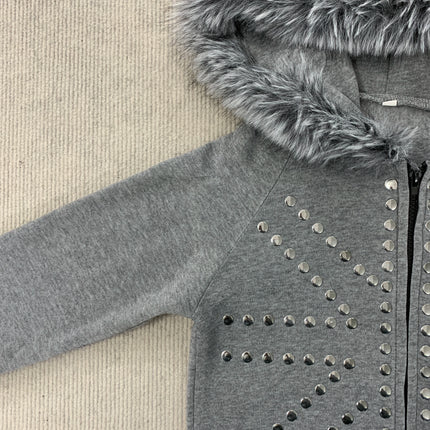 Heather Grey Faux Fur Trim Hooded Cropped Zip Up Sweatshirt Radiant Silver Stud Decor Raglan Slim Jacket