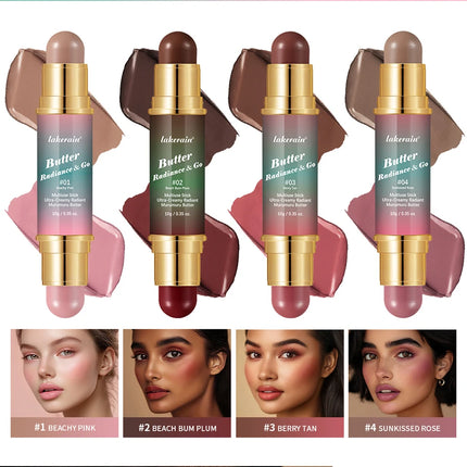 Double-Headed Bronzer Blush Stick Butter Glow & Go Multiuse Stick for Cheeks Contours Eyes Lips Blush Matte Light Glossy Bronze
