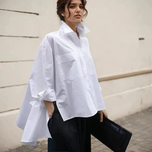New Women T-Shirt Casual Irregular Loose Cloak Type White Shirts Fashion Lady Lapel Bat Sleeve Single Breasted Solid Color Tops