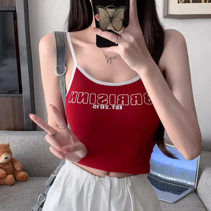 Summer Outdoor Svel Design Sensation Spicy Girl Top American Retro Color Collision Letter Print Strap Vest Women