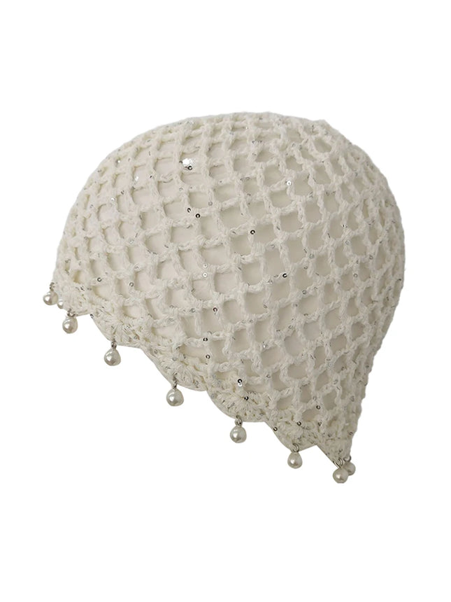 Retro Ethnic Hollow Knit Head Wrap Hat Sequins Pearl Fringe Tassel Crochet Beanie Bohemian Breathable Summer Women Pullover Cap