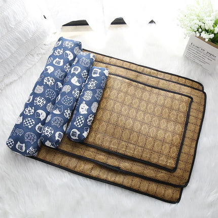 Cat Natural Cooling Mat Summer Pet Self Cooling Pad Cat Bed Mat For Dogs Indoor Rattan Weave Mat Sleeping Cat Bed