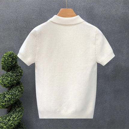 Men's Polo Neck Short Sleeve Knitted Sweater Slim Fit Summer Fashion Turn-down Collar Base Shirt Casual Style Pure Color
