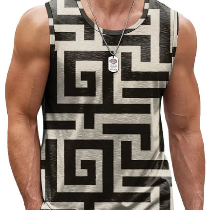 Mens Retro Geometric 3D Printed Tank Top Summer Casual Crew Neck Fashion Trend Sleeveless Vest Loose Breathable Sports Tops