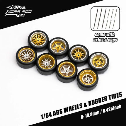 1/64 Model Car Gold and Silver Wheels with Fixed Rubber Tires Comes with Rivets for Diecast Model Refitting Parts for Hot Wheels