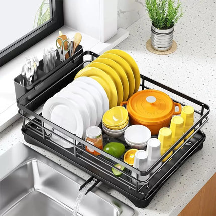 Large Capacity 304 Stainless Steel Dish Drying Rack 360 Degree Rotating with Drain Board Utensil Holder for Kitchen Sink