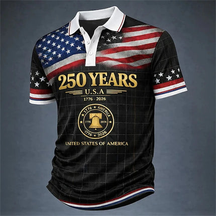 2026 New USA 250th Anniversary Celebration Men's Short-Sleeved Polo Shirt 3D Printed American Flag Pattern Vintage Men Polo