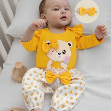 Baby Girls Fall Outfits Long Sleeve Bear Embroidery Romper and Dot Print Pants and Bow Headband