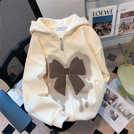 2025 New Cute Girl Zipper Bow Print Hooded Spring And Autumn Thin Collection Fashion Trends Versatile Casual Lazy Wind ﻿