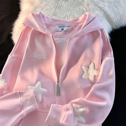 American Vintage Star Patchwork Angel Wings Zipper Hooded for Women Autumn Winter Casual Loose Long Sleeved Cardigan Sweatshirt