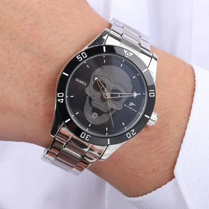Skull patterned quartz watch, stainless steel strap+dial ring, with calendar display function, personalized and trendy design, s
