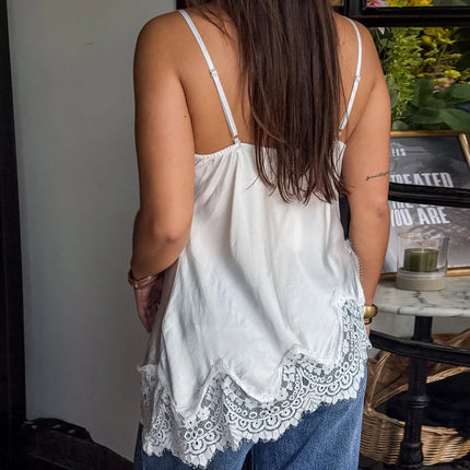Asymmetrical Backless Spaghetti Strap Tank Cami Shirts Sexy V Neck Silk Camisole Tops Women Coquette Lace Trim Satin Tank Top