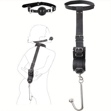 BDSM Bondage Kit Anal Hook, Neck to Wrist Behind Back Handcuffs Collar with Anal Trainer & Ball Gag, Bed Restraints SM Games Too