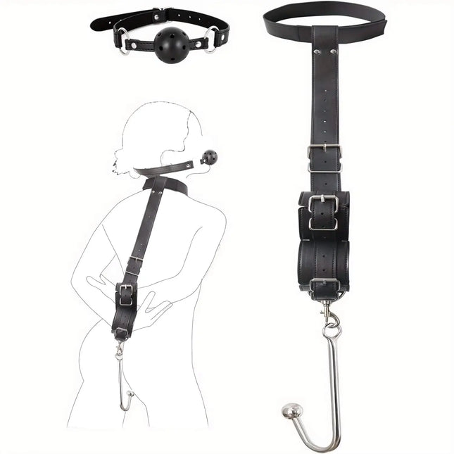 BDSM Bondage Kit Anal Hook, Neck to Wrist Behind Back Handcuffs Collar with Anal Trainer & Ball Gag, Bed Restraints SM Games Too