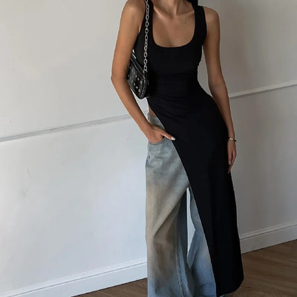 Lamuusaa Long Tank Tops y2k Clothes Women Casual Solid Color Sleeveless Asymmetric Hem T Shirt Vest 2000s Clothing Streetwear