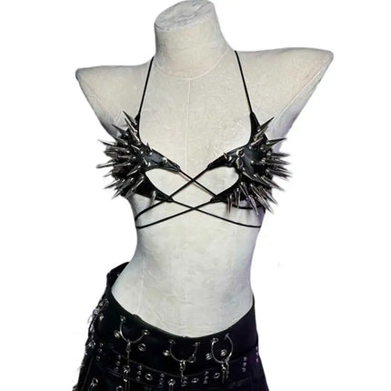 Gothic Emo Punk Women's Spiked Grunge PU Leather Tank Top Y2K Alternative 90s Vkei Studded Cyber Goth T-shirt 2000s ALT Clothing