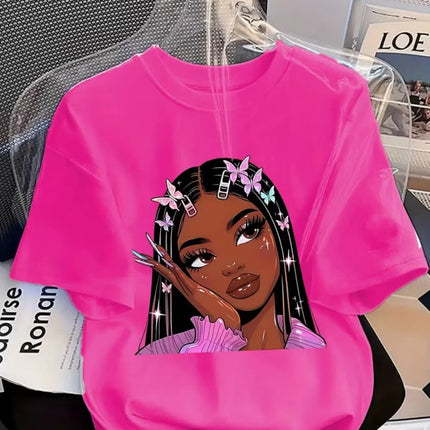 Girls' Summer Crew-Neck Short-Sleeved Top New Black Girls Cute Top Girls Clothes Cartoon Print T-Shirt Top Children's Clothing