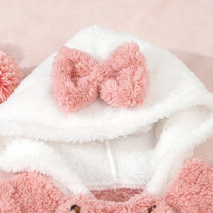 Autumn And Winter Jacquard Rabbit Plush Hooded Dress For Baby Girls, Winter Warm One-Piece Dress