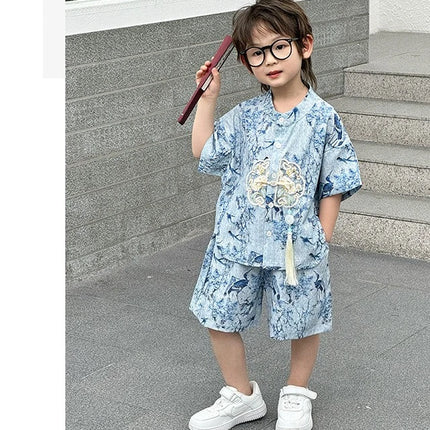 Short Sleeve Tops Shorts 2 Piece Set Boy Outfit Casual Kids Clothes Baby Tang Hanfu Suit Boys Costume Children's Sets Summer