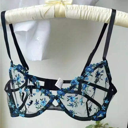YUQI French Elegant Lingerie Set-Floral Embroidery Semi-Transparent Bra & Brief,Black Sensual Women's Underwear Luxury Intimates