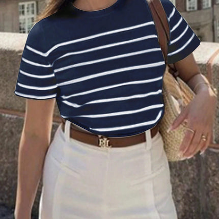 Women Striped Casual Versatile T-Shirt Graphic Tees Round Neck Loose Classic Short Sleeve Vacation Entertainment Commuter Top