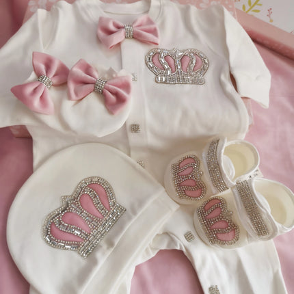 Dollbling Newborn Set Baby's Sets Rhinestone Crown 0-3 Months Hat+Bodysuits+Gloves+Shoes 4 Parts Boy Girl Jumpsuit Clothing