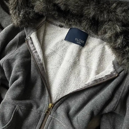SIRI New Hip-hop Trend Zipper Hoodie Female Street Casual Loose Joker Retro Sweatshirt Y2K Unisex Fleece Padded Warm Hoodie