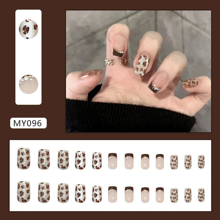 Dark Brown Flowers 24 Pcs Press-on Nails Pink Nail Polish Glossy Artificial Finger Manicure Reusable False Nails