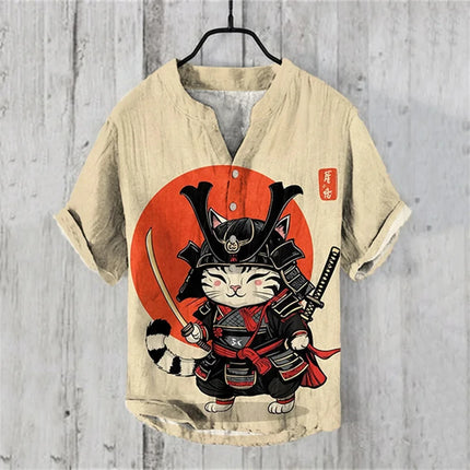 Men's Short Sleeve POLO Shirt Blended Printed Japanese Retro Cat Samurai Casual Large Size Men's Top 5XL