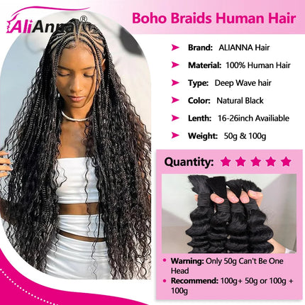 Deep Wave Boho Braids Human Hair Bulk 50g/100g 100% Human Hair Braiding Hair Extensions No Weft Brazilian Curly Braiding Hair