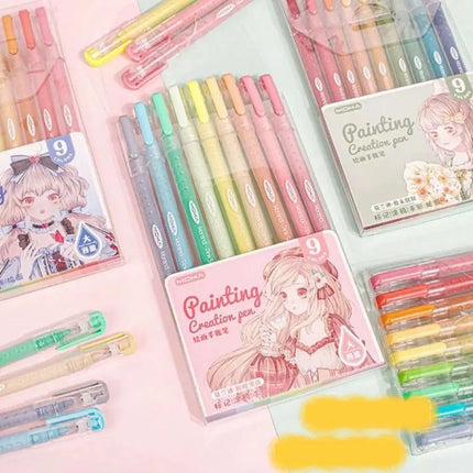 9-Colors Highlighter Set Watercolor Pen Scrapbook Marker Pen Drawing Painting Graffiti Colour Pen Art Stationery