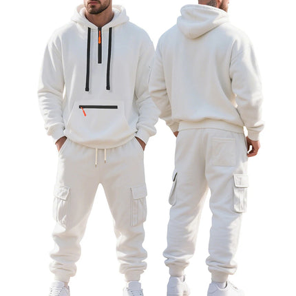 New Autumn And Winter Men's Fleece Hooded Sweatshirt, Workwear, Long Pants Set, Sports and Leisure Multi Pocket 2-Piece Set