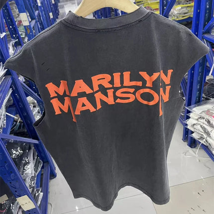 Summer Rock Manson Pattern Print Vintage American High Street Casual Loose Cotton Washed Tank Top Trendy Hip Hop Men Vest