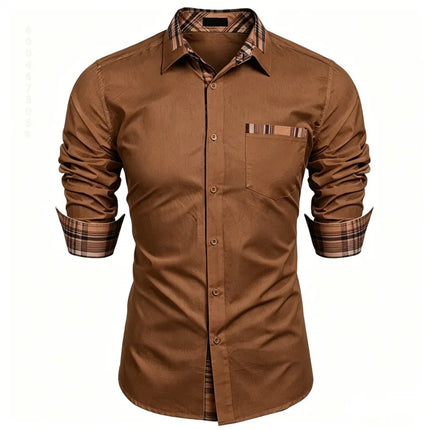 Men's shirt checkered contrasting long sleeved shirt, business casual button up shirt, personalized and trendy men's clothing