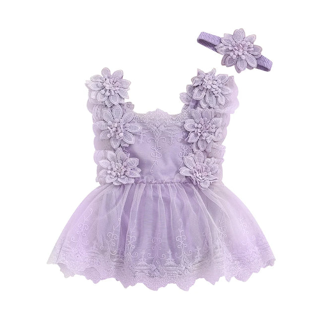 VISgogo Baby Girls Romper Dress Summer Sleeveless Square Neck Floral Lace Embroidery Party Princess Bodysuit Headband Outfit
