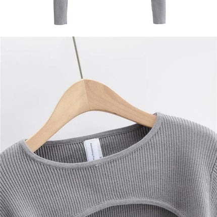 Women's Long Sleeve Crop Top T-shirts Spring Autumn Y2k Aesthetic Clothes O-neck Black White Sexy Harajuku Knitted Tshirt 2023