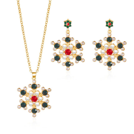 Luxury Zinc Alloy Christmas Jewelry Set Colorful Rhinestone Xmas Dangle Earrings Pendant Snowflake Necklace Women