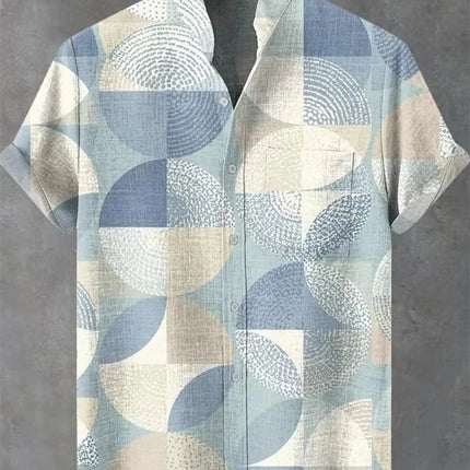 New men's short sleeved linen shirt with geometric pattern 3D printing, Hawaii casual vacation fashion lapel button top