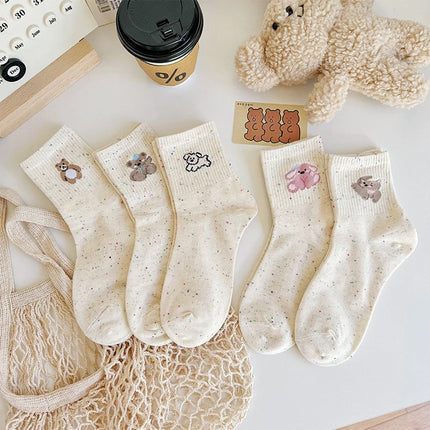 5 Pairs Women's Half Socks Bear Puppy Pattern Cotton Color Solid Dot Yarn Design Skin-friendly Soft Cozy Casual Female Lady Sock