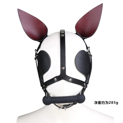BDSM Fetish Leather Harness Head Piece Hood Mask With Silicone Bone Mouth Gag Ears Eye Shade Bit Blindfold For Pony Pet Cosplay
