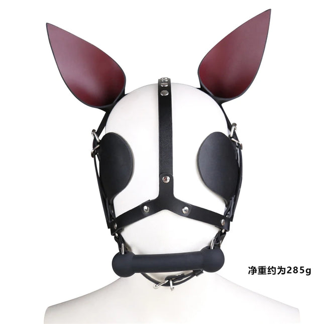 BDSM Fetish Leather Harness Head Piece Hood Mask With Silicone Bone Mouth Gag Ears Eye Shade Bit Blindfold For Pony Pet Cosplay