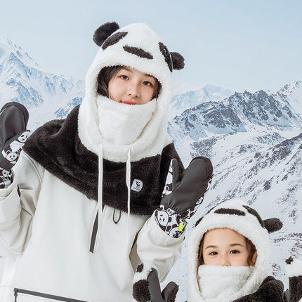 Qunature Parent-child Panda Ski Headgear Balaclava Soft Thermal Fleece Full Face Mask Winter Keep Warm Hood Scarf Neck Collar