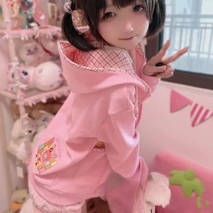 Y2k Harajuku Sweet Girls Pink Hoodies Japanese Kawaii Cartoon Print Long Sleeve Hooded Zipper Coats Women Cute 2000s Chic Jacket