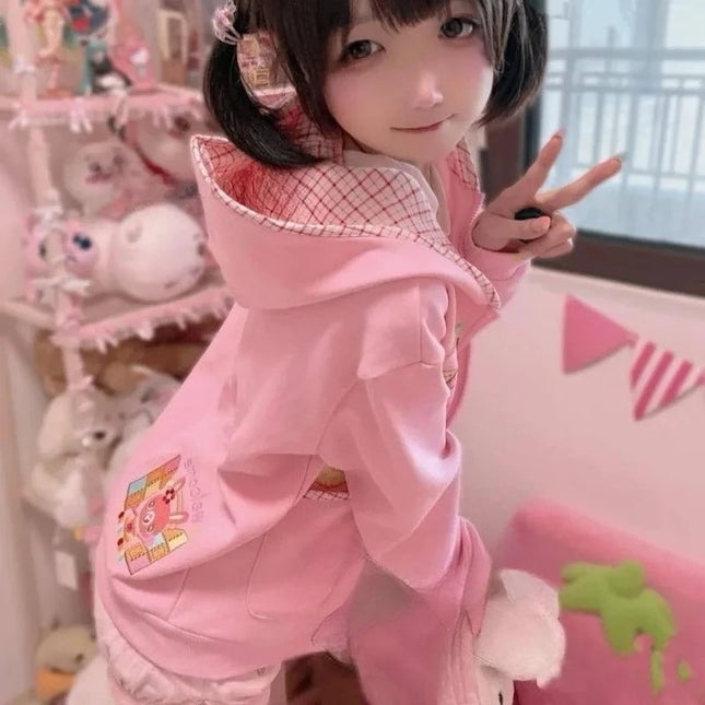 Y2k Harajuku Sweet Girls Pink Hoodies Japanese Kawaii Cartoon Print Long Sleeve Hooded Zipper Coats Women Cute 2000s Chic Jacket