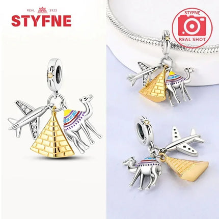 Silver 925 Gold Pyramid Mummy Double Charm Elephant Beads Fit Original Bracelet DIY Fine Jewelry Accessories for Women Gifts