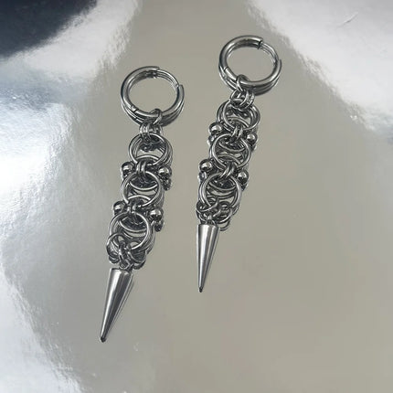 Gothic Punk Handmade Stainless Steel Spike Hoop Earrings for Women Grunge Y2K Byzantine Chainmail Chain Dangle Earrings