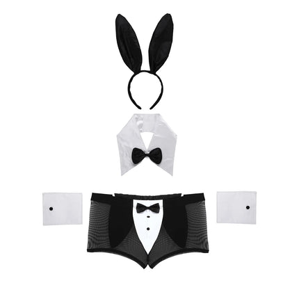 4pcs Mens Bartender Costume Waiter Outfit Sexy Costume Role Play Clubwear Underwear Set Bunny Ears Mesh Boxer Shorts Sexy Suit