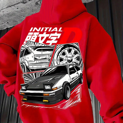 Black Hooded Sweatshirt Featuring Initial D Logo with Iconic JDM Car Illustration, Men's Anime Pullover